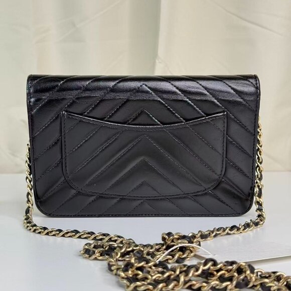 Chanel Black Chevron Quilted WOC Wallet on Chain Crossbody Bag with Gold Hardwar - Picture 3 of 9